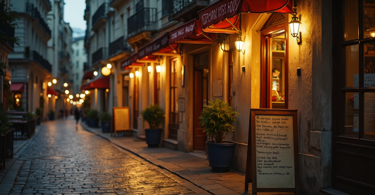A narrow city street of small restaurants at dusk, warm light glowing in the windows, shot from a low angle down the lane.