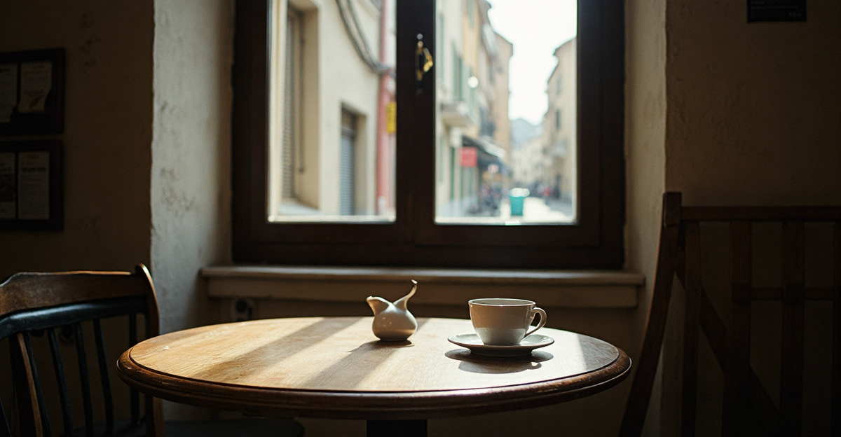 A small table by a window in a cafe with a cup and a plate, morning light, a narrow old-town street with shuttered buildings visible through the window