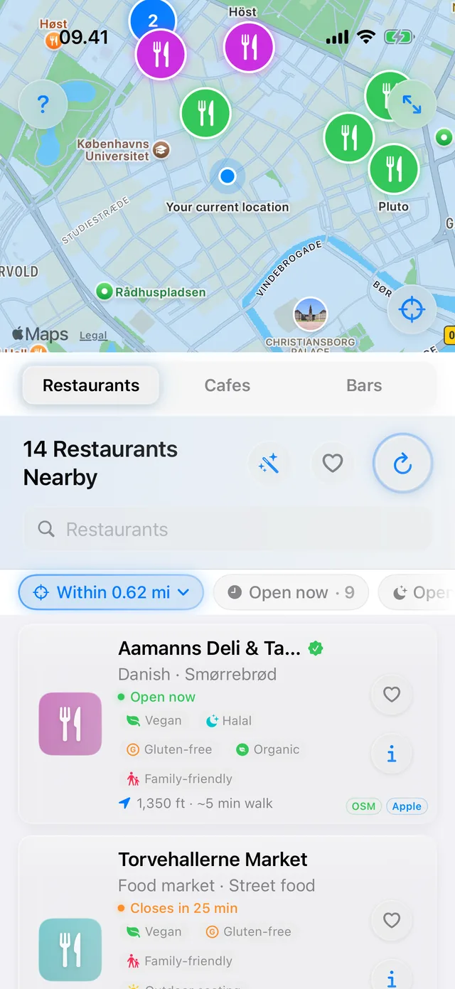 The NearEats list of fourteen restaurants nearby, each card showing open-now status, cuisine, diet badges and walking time