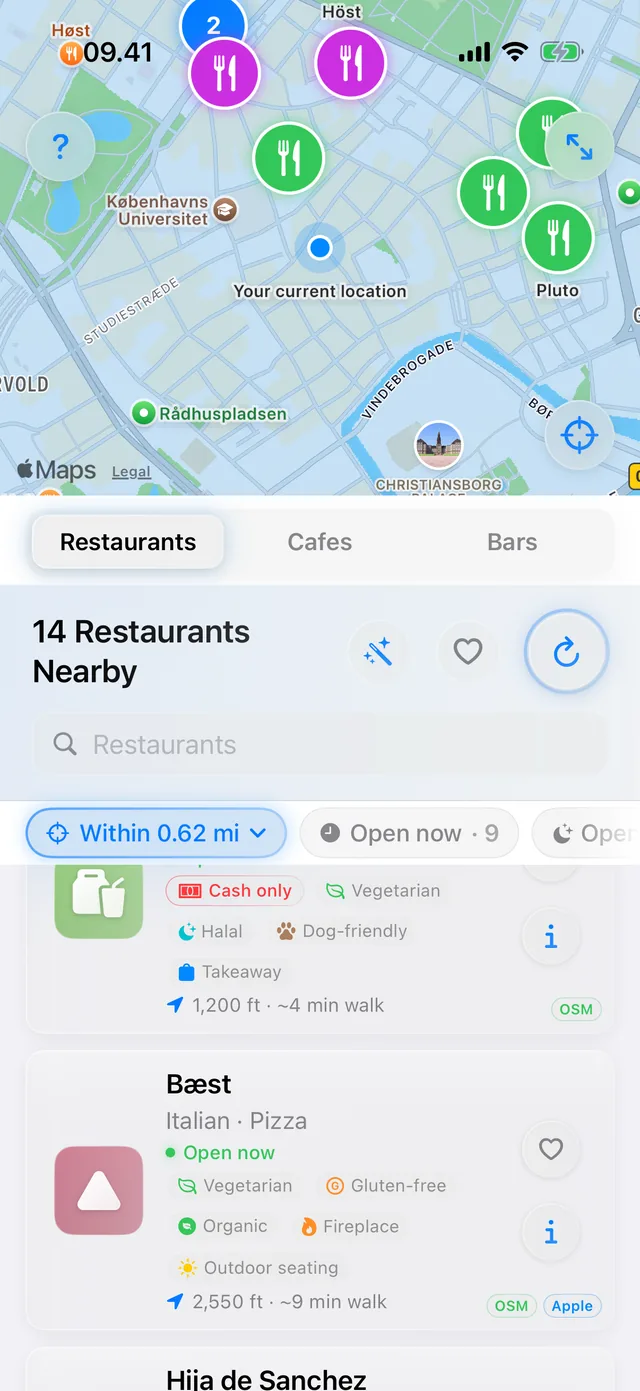 The restaurant list showing a red Cash only warning badge ahead of the vegetarian, halal and dog-friendly badges on the same venue