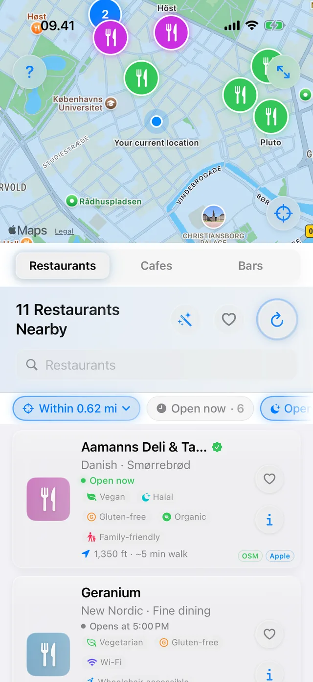 The restaurant list with the Open late filter active, narrowing it to venues still serving, each showing its status and walking time